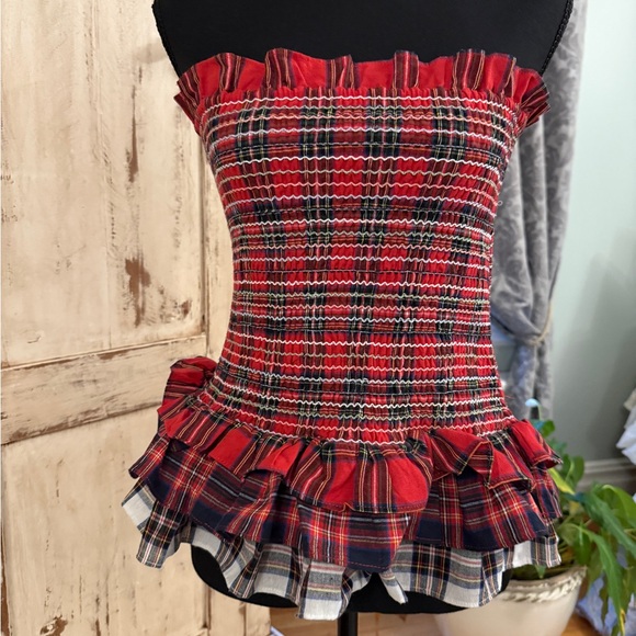 English Factory Dresses & Skirts - English Factory Red & Navy Smocked Tartan Tiered Ruffle Hem Skirt/top. Sz small